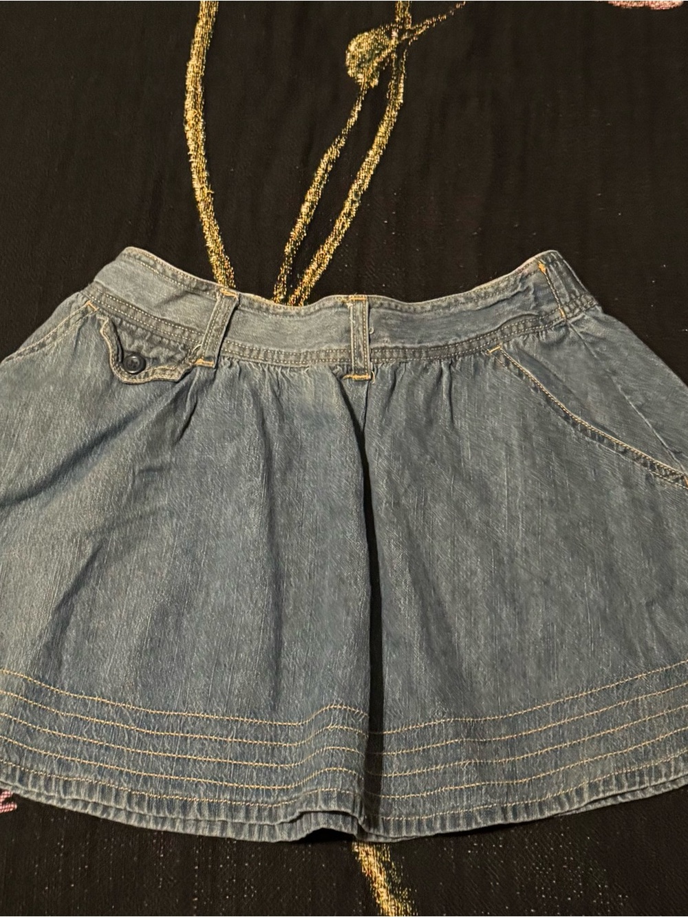 OP Light Blue Denim Skirt Gold Stitching and Multicolor Waistband Size 14/L Girl